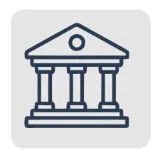 Outline illustration of a classical Greek temple with columns and triangular pediment, on a rounded square background.
