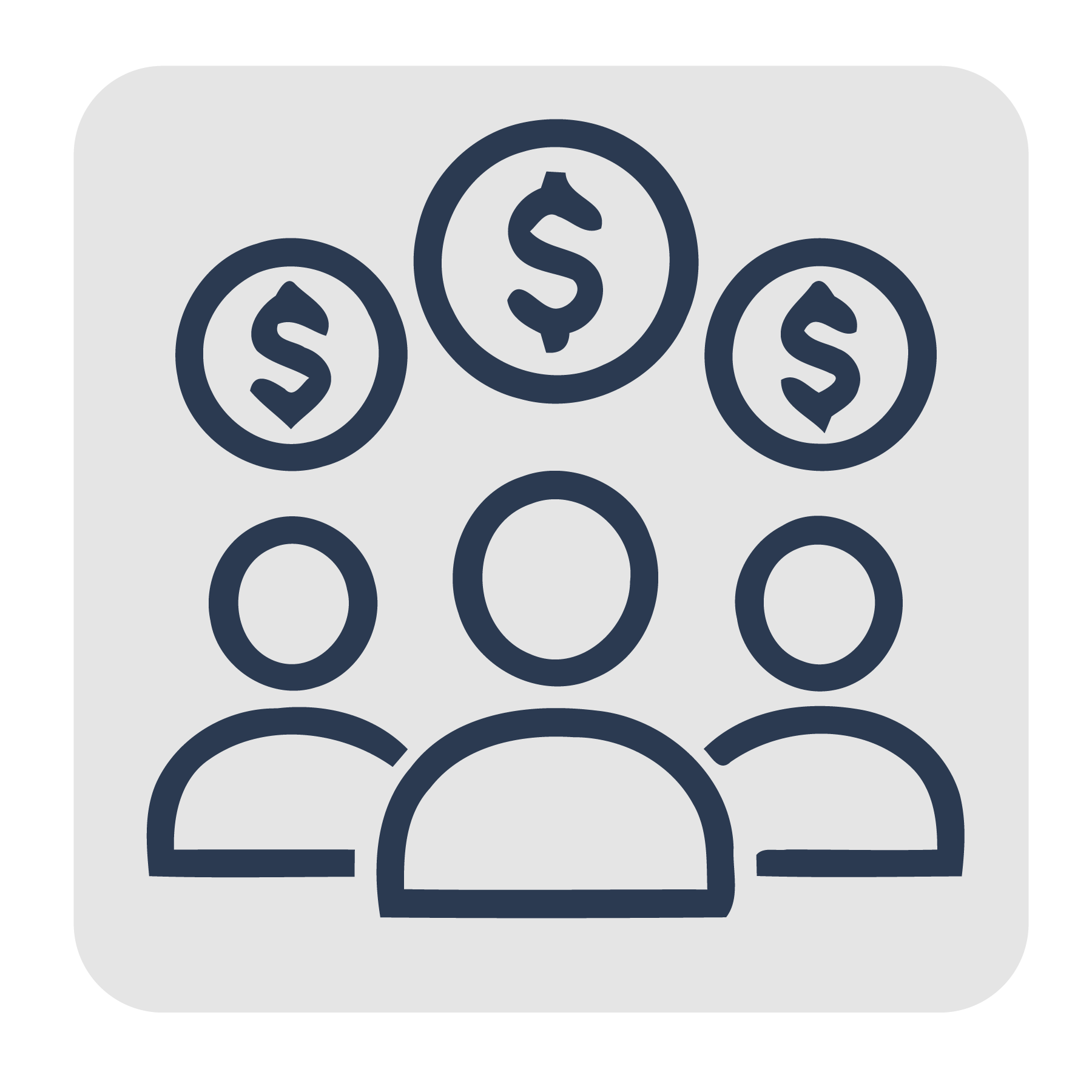 Simple line drawing of three dollar sign symbols inside circles, arranged in a triangle pattern.