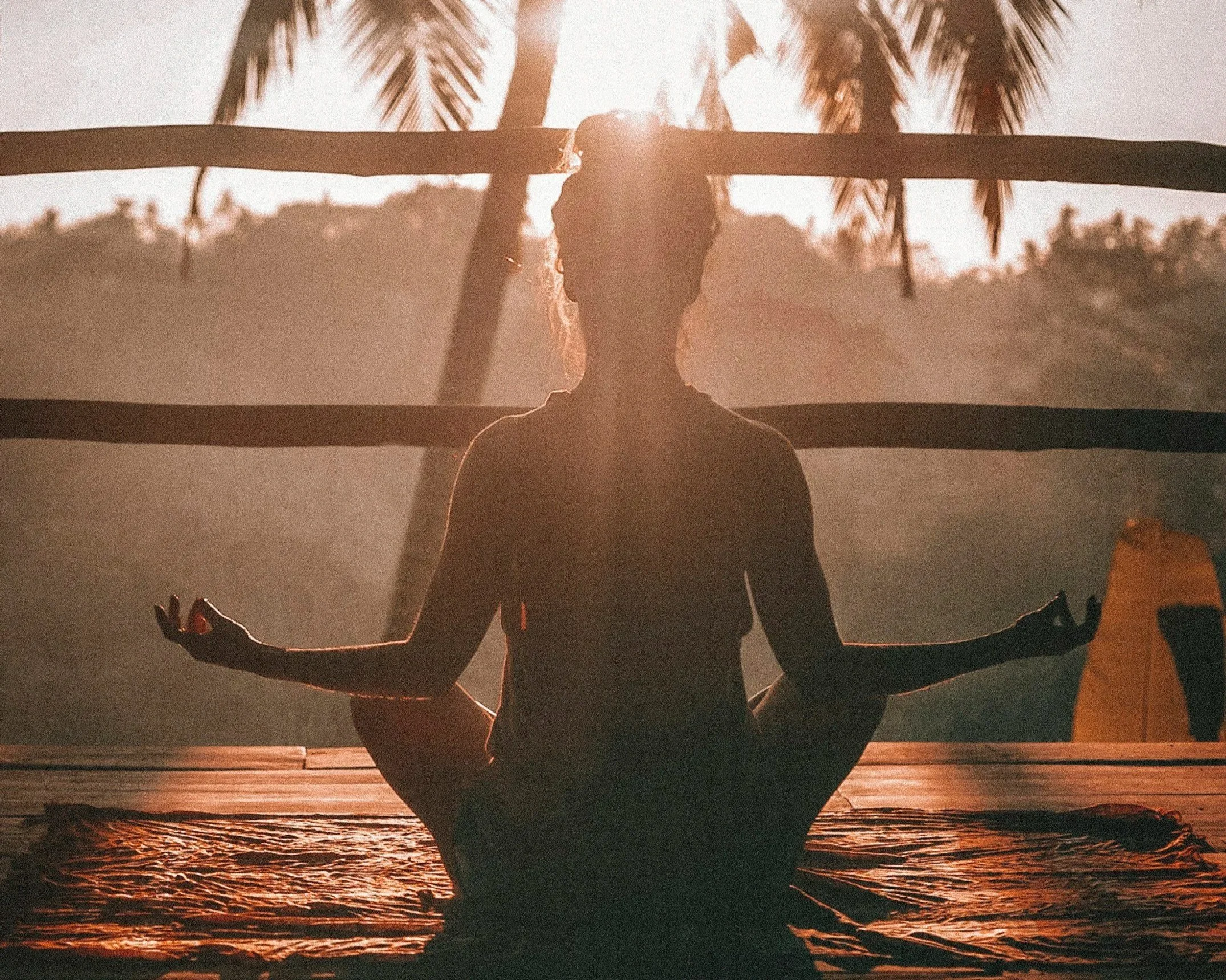 Silhouette of a woman practicing yoga at sunset on a beach with palm trees in the background.