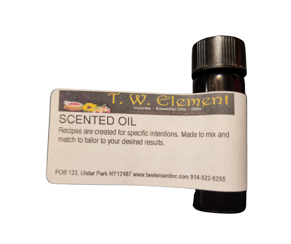 Small black bottle with a black cap attached to a label that reads 'T. W. Element' and 'SCENTED OIL'.