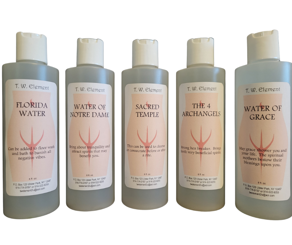 Five bottles labeled with spiritual or cleansing themes, including Florida Water, Water of Notre Dame, Sacred Temple, The 4 Archangels, and Water of Grace, with instructions or blessings on each.