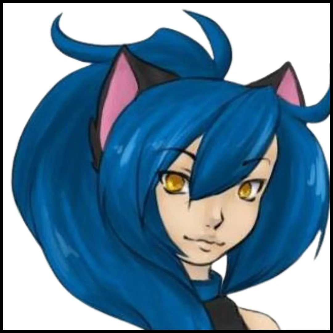 Digital illustration of a female character with blue hair, cat ears, and yellow eyes.