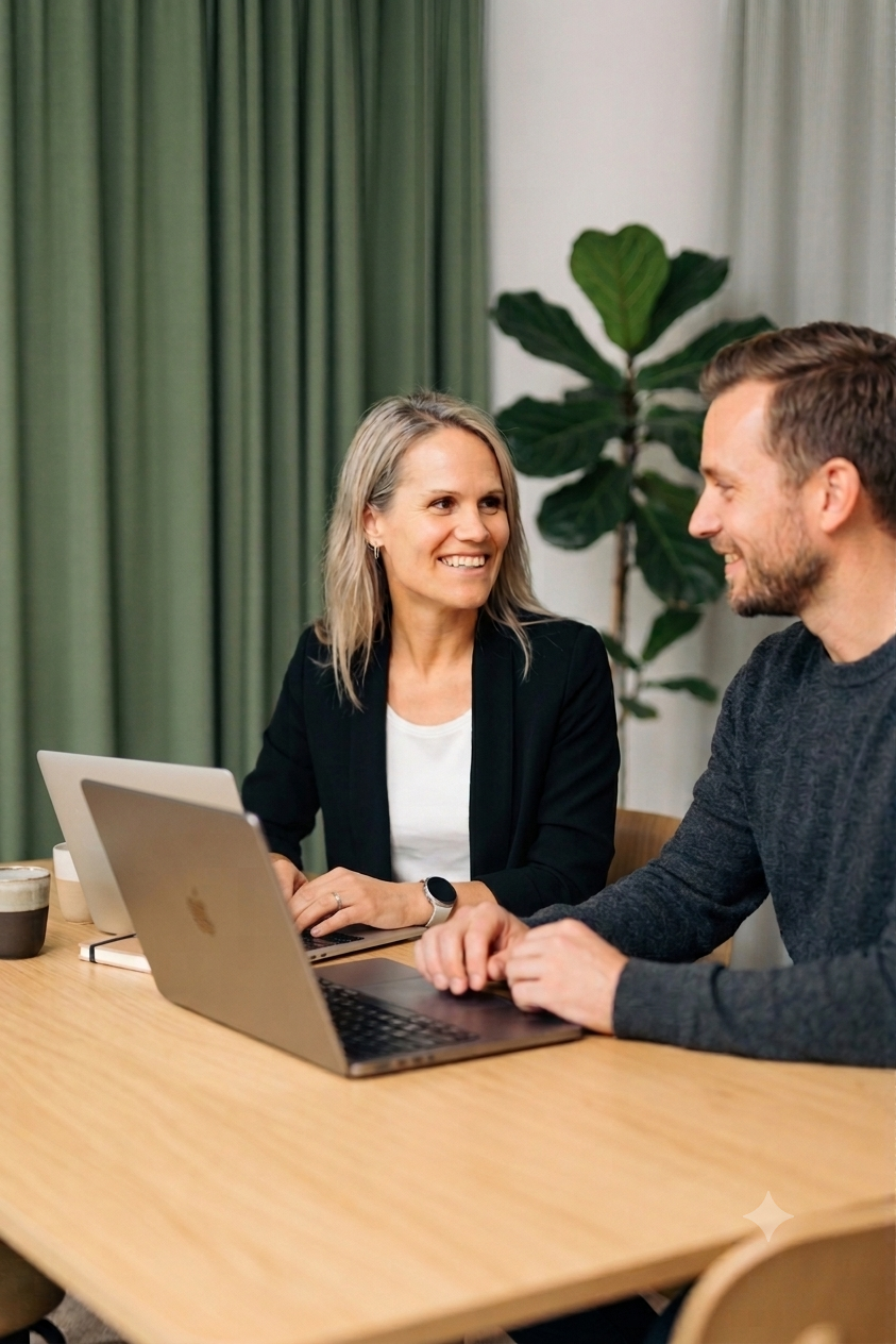 Eine Frau und ein Mann lächeln und unterhalten sich bei einem Meeting oder Interview in einem modernen Büro, mit einem Laptop auf dem Tisch und einer großen Pflanze im Hintergrund.