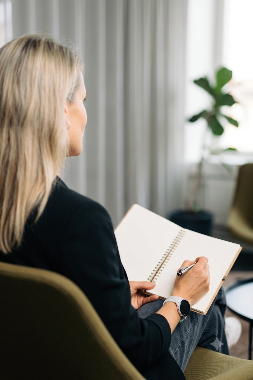 Eine Frau mit blondem Haar sitzt auf einem grünen Stuhl und schreibt in ein leeres Spiralnotizbuch, mit einer Uhr am Handgelenk, in einem Raum mit einer Topfpflanze und Vorhängen im Hintergrund.