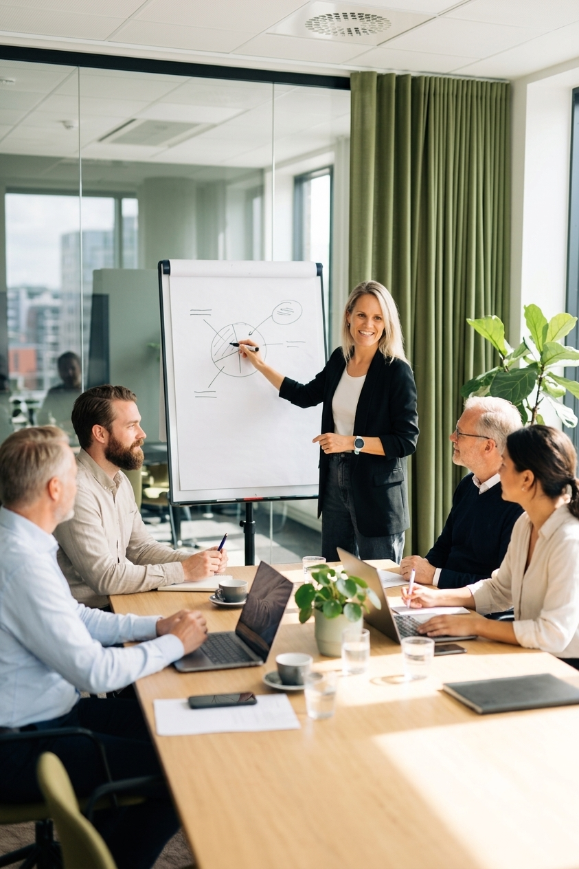 Eine Frau in einem professionellen Umfeld hält an einem Whiteboard eine Präsentation vor vier Klient:innen, die an einem Konferenztisch sitzen, mit Laptops, Notizbüchern und Getränken, in einem modernen Büro mit großen Fenstern und grünen