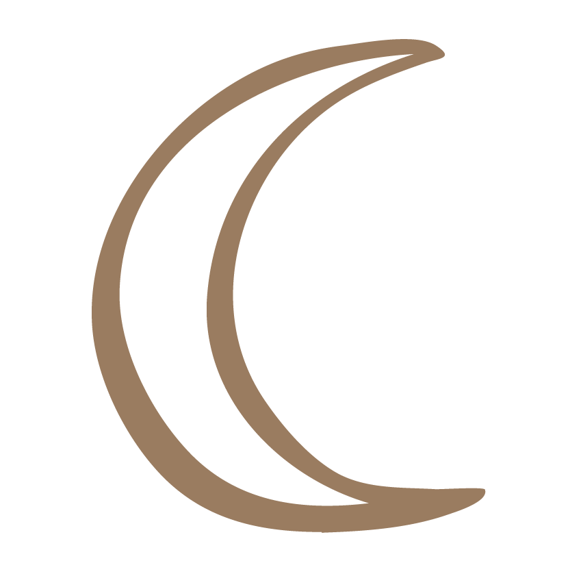 A graphic of two intertwined crescent moons in tan color on a black background.