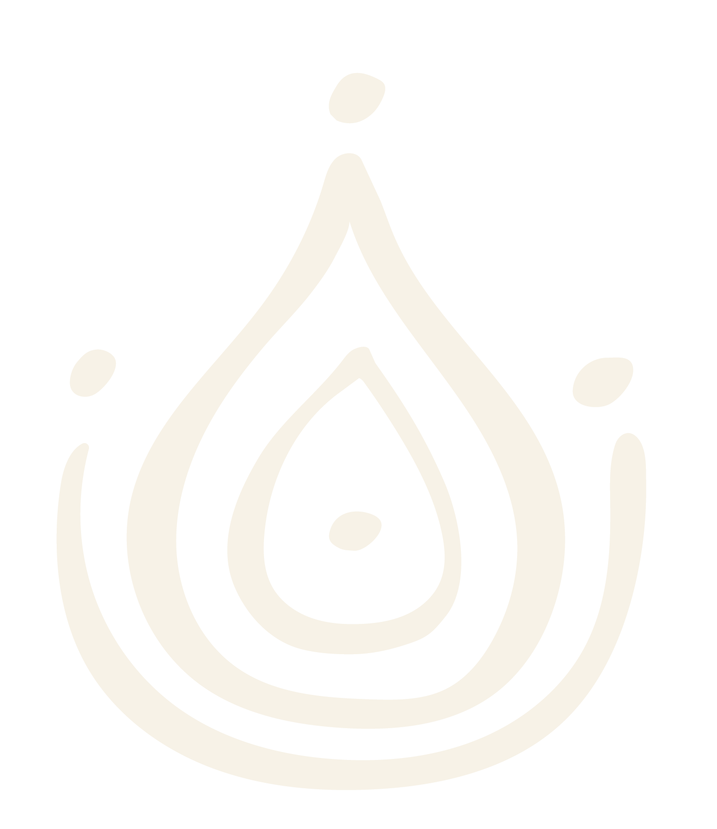 Minimalist illustration of a flame with concentric circles and droplets, in black and beige colors.