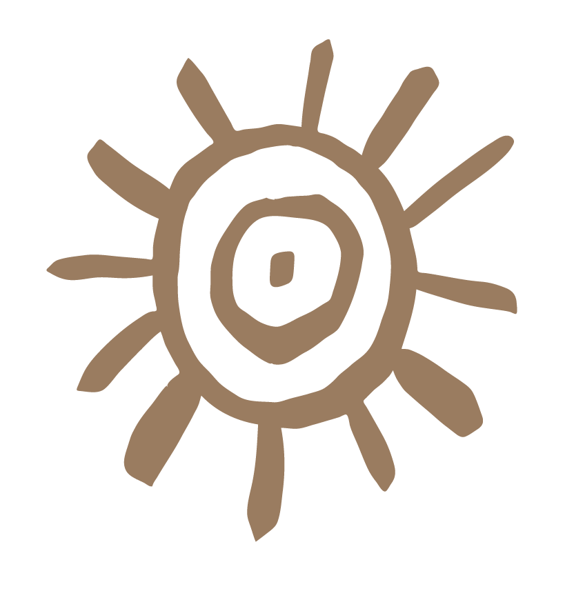A simple, abstract drawing of a sun with rays extending outward, done in brown lines on a black background.
