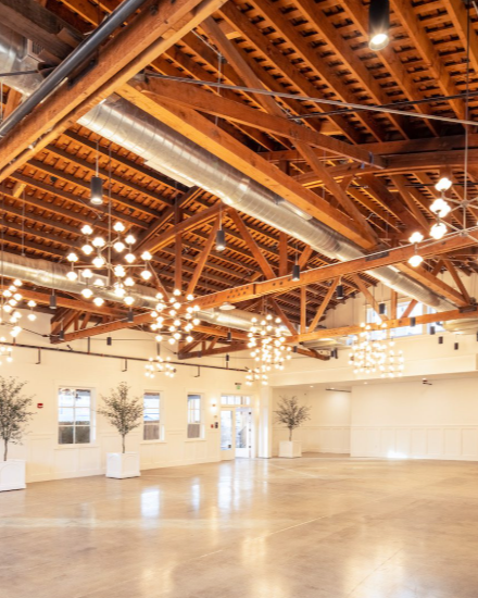 Spacious event hall with wooden ceiling beams, hanging string lights, and potted plants near windows.