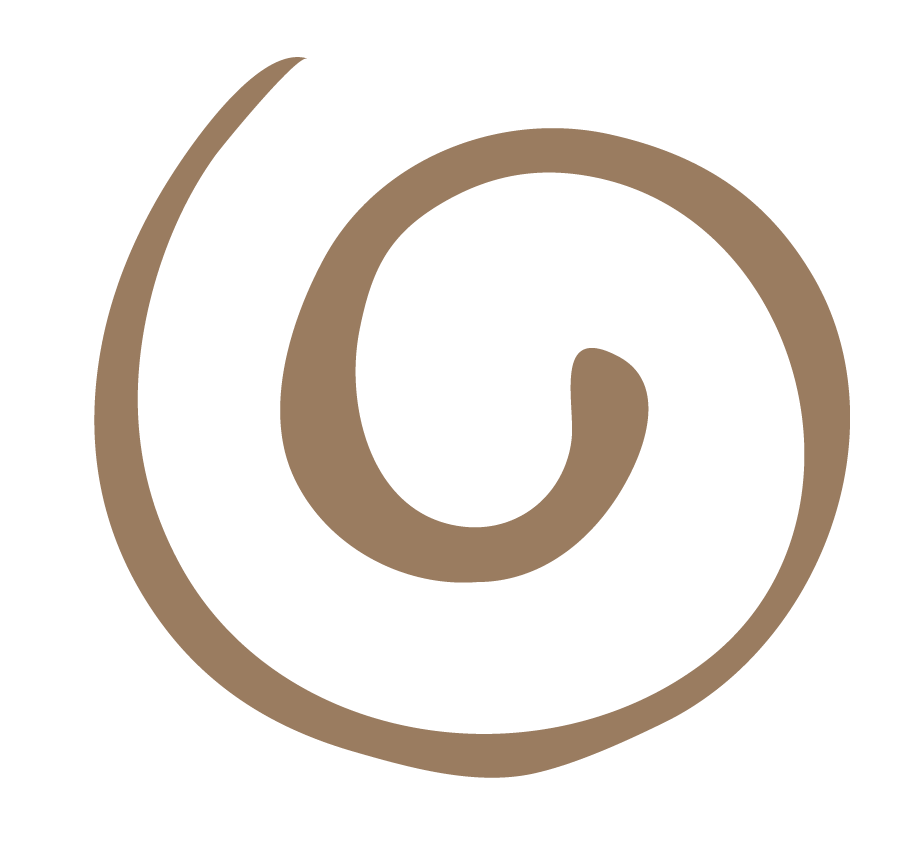 Brown spiral logo on a black background.