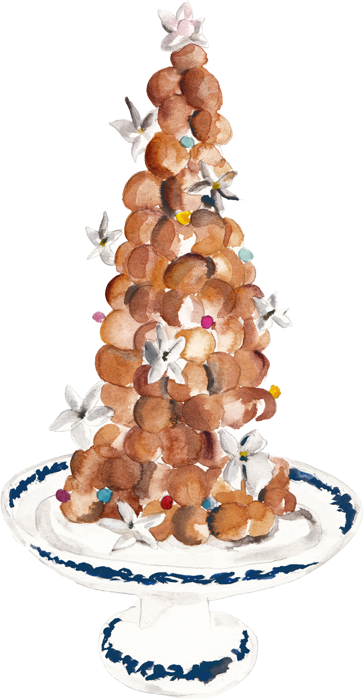 A watercolor painting of a tower of cream puffs or profiteroles decorated with white flowers and colorful sprinkles on a decorative plate.