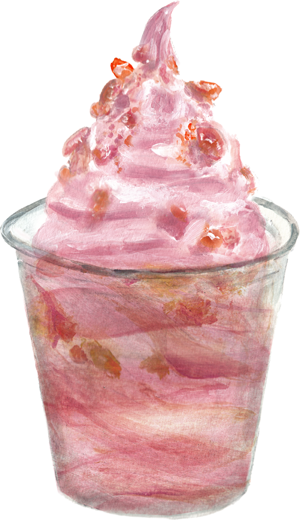 A glass cup with pink soft serve ice cream topped with diced fruit pieces.