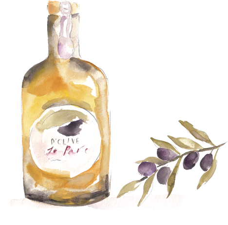Watercolor painting of a bottle of olive oil and a sprig of purple olives with green leaves beside it.