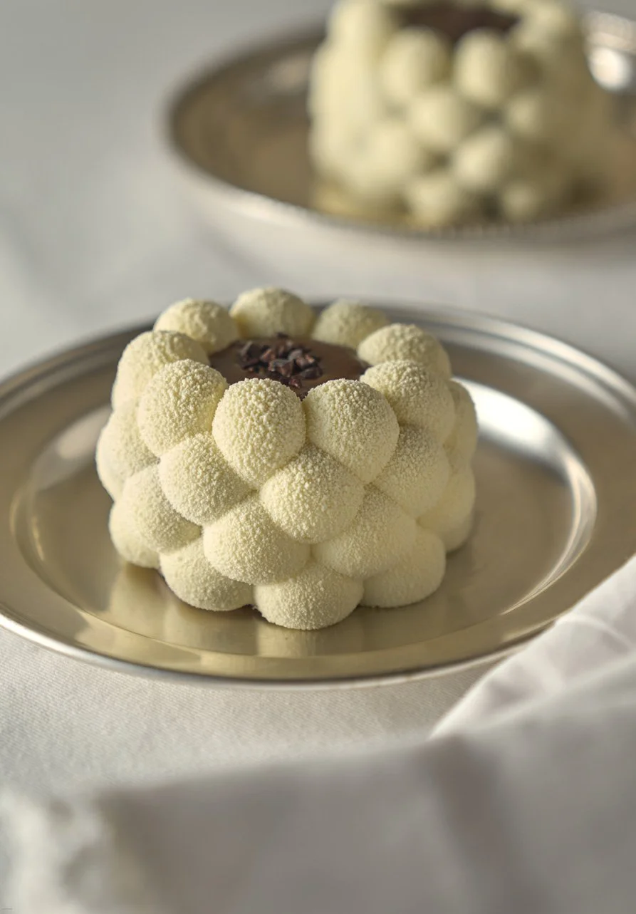 A plated dessert decorated with white spherical confections surrounding a chocolate center. The dish is on a silver tray with another tray of similar confections blurred in the background.