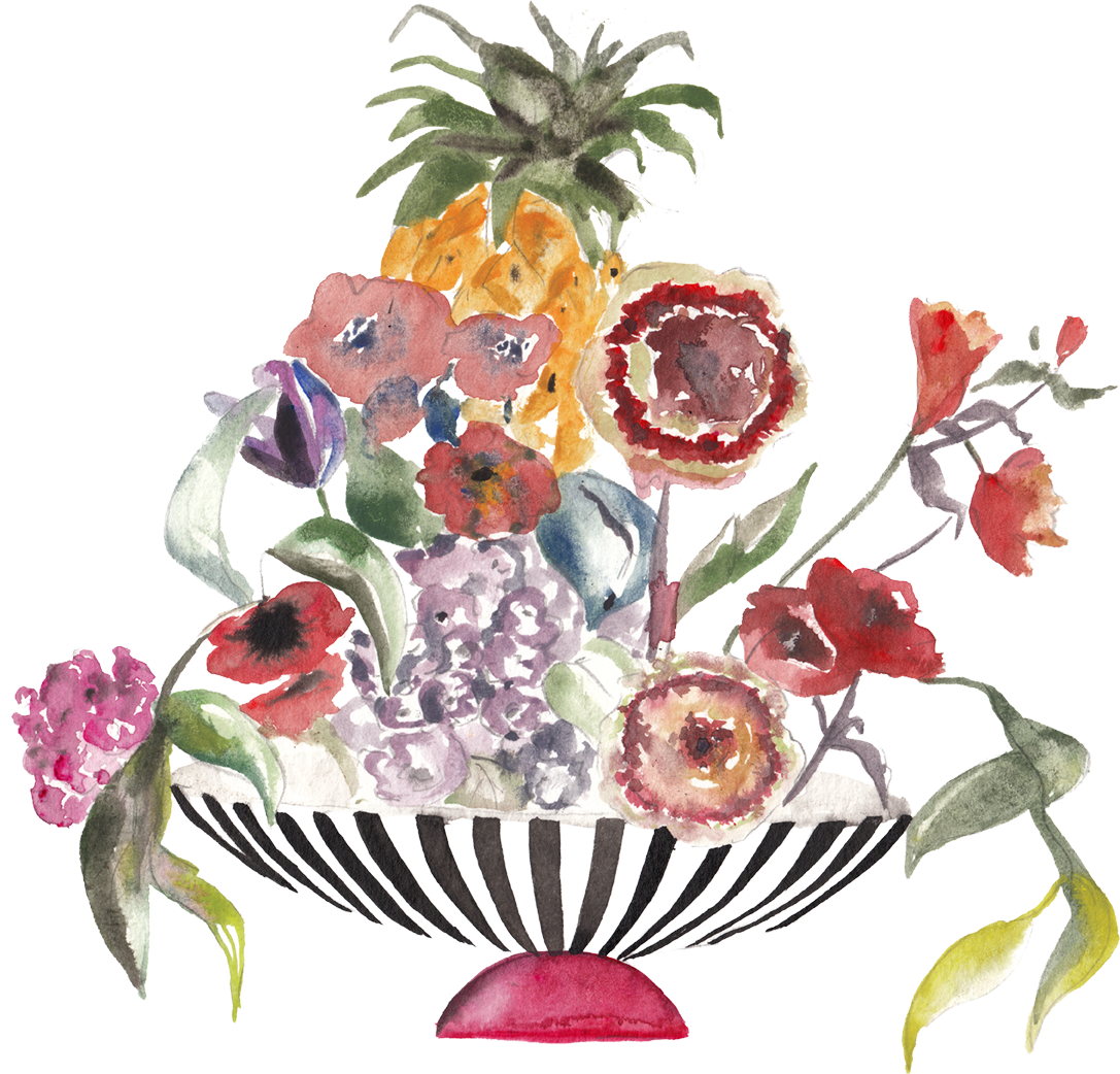 Watercolor painting of a fruit and flower arrangement in a striped vase, featuring a pineapple and various colorful flowers.