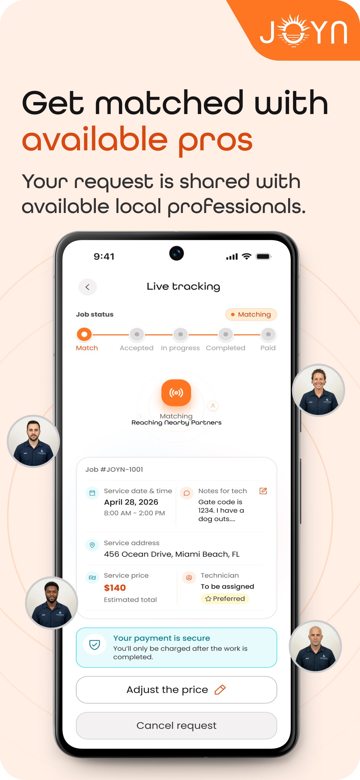 Promotional image for a job matching app called JOYN, showing a phone screen with live tracking of a service job, including details like date, address, price, and technician status. The background has instructions to get matched with local professionals.