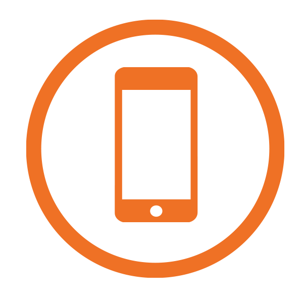 Icon of a mobile phone within an orange circle.