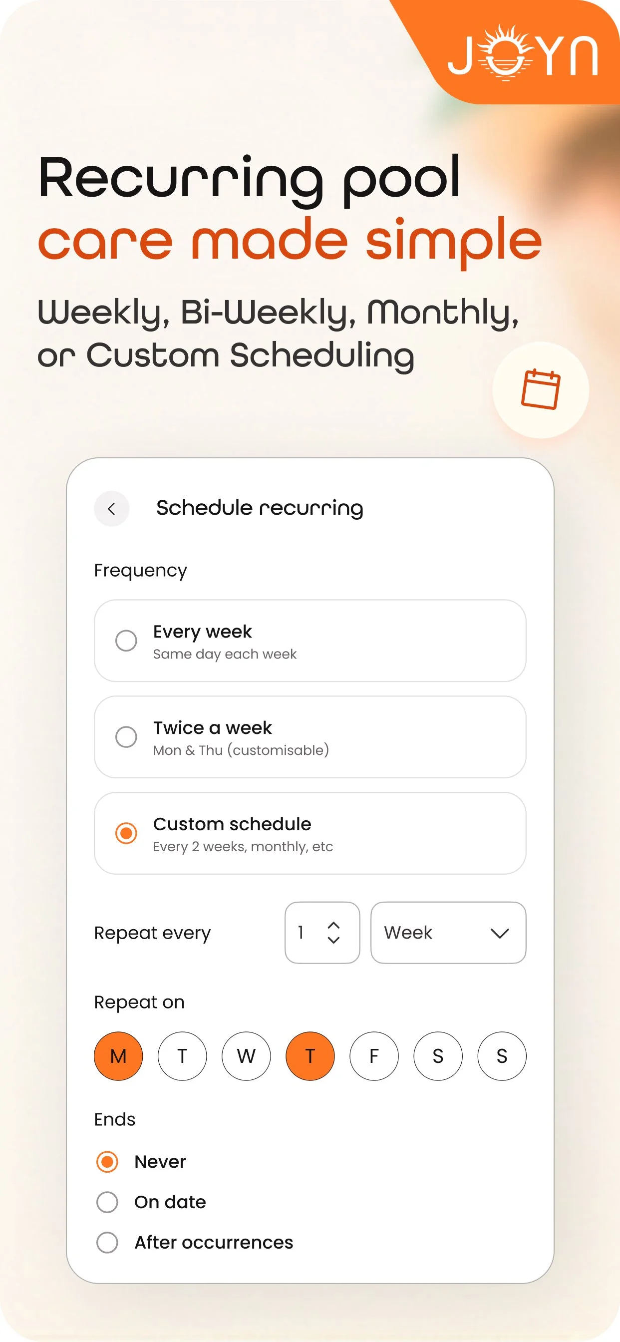 Screenshot of a mobile app interface showing scheduling options for recurring pool care. The screen includes options for weekly, bi-weekly, monthly, or custom schedules, with the current selection set to every two weeks on Monday and Thursday.