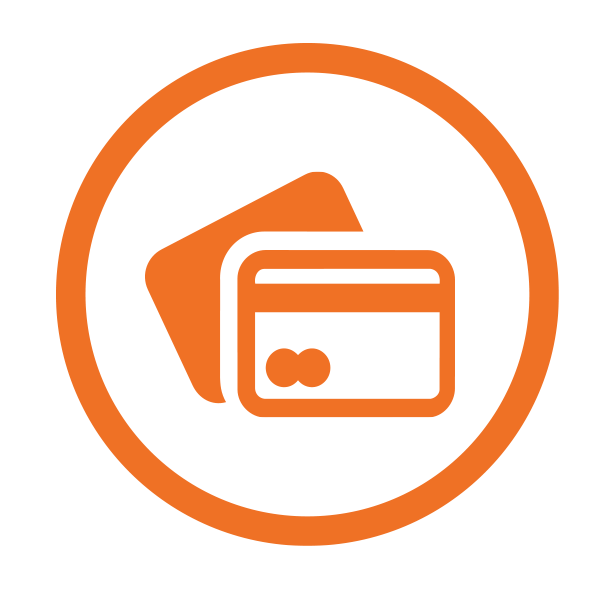Icon of a credit card and two other cards inside an orange circle.