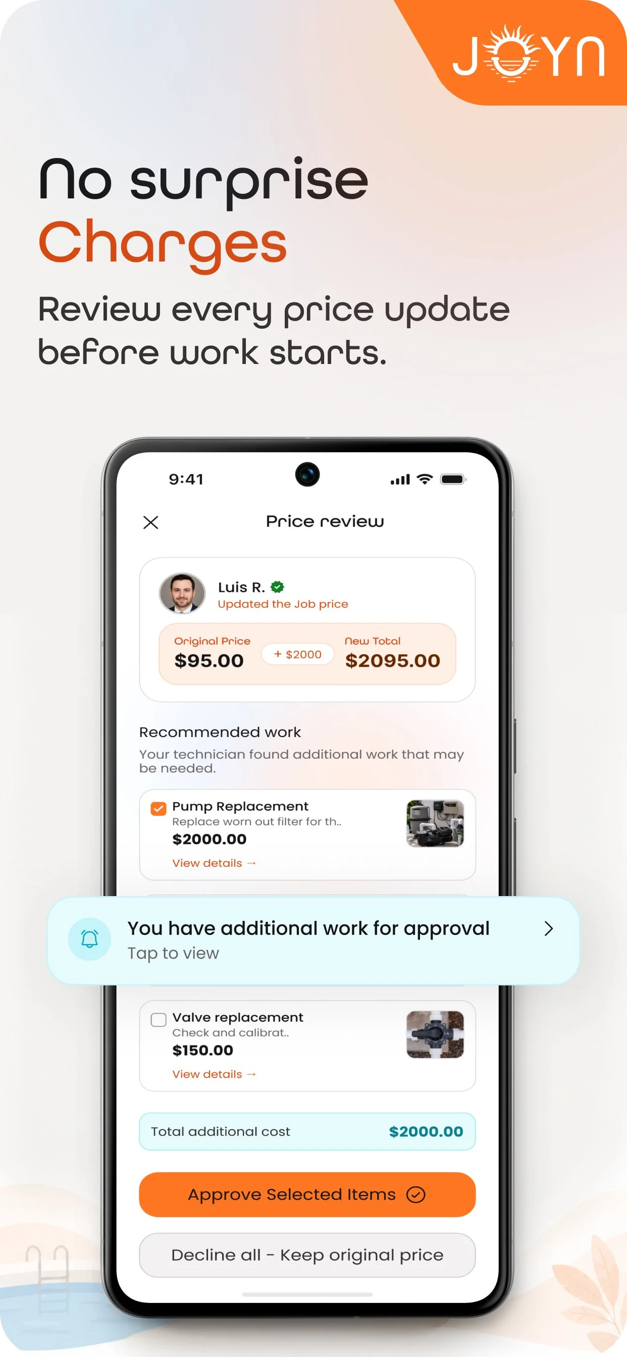 Mobile app screen showing a job price review with an updated total cost of $2095 and additional work for approval. The top right corner has an orange icon with "J O Y N".