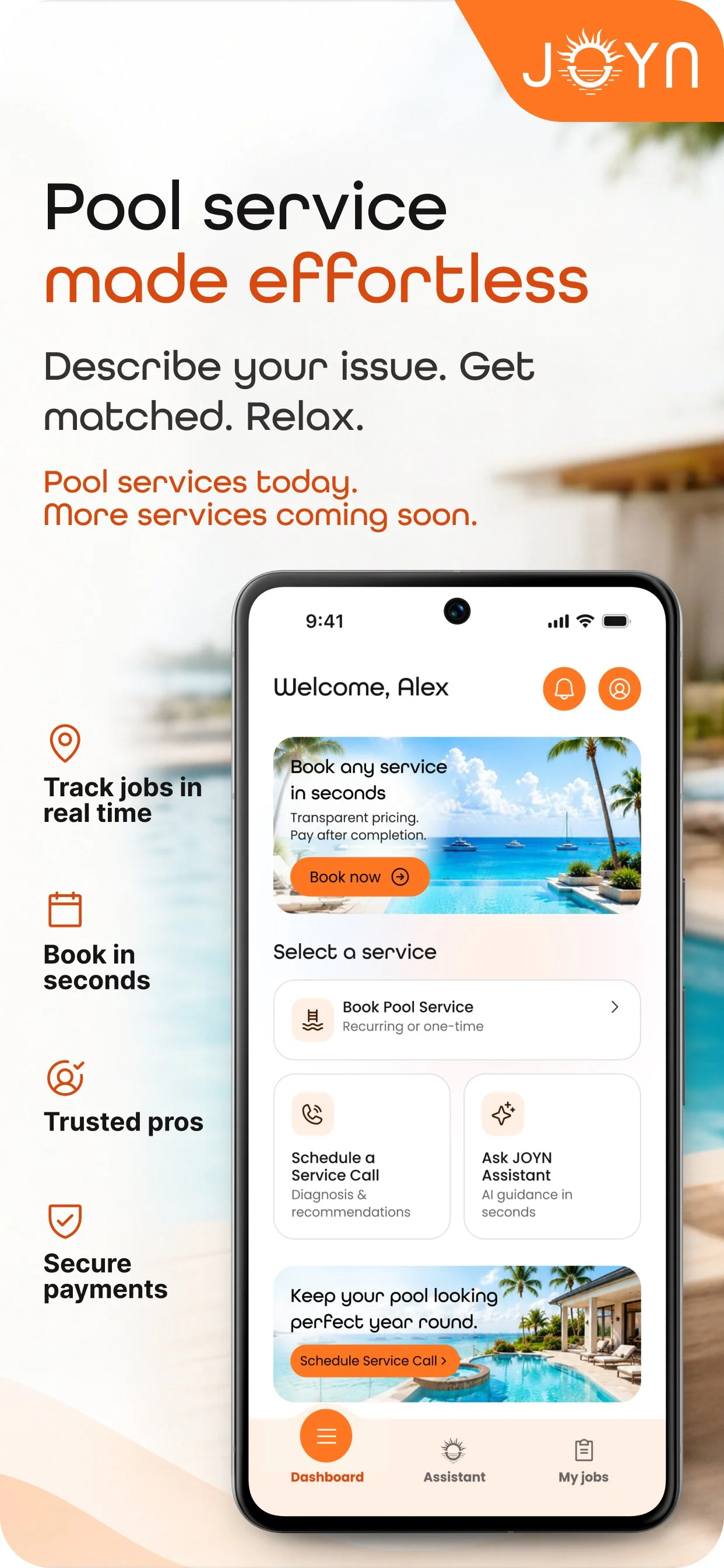 A promotional image for a pool service app called JOYN, showing a smartphone screen with options to book pool services, schedule calls, and get AI guidance, with a background of a luxurious poolside setting.