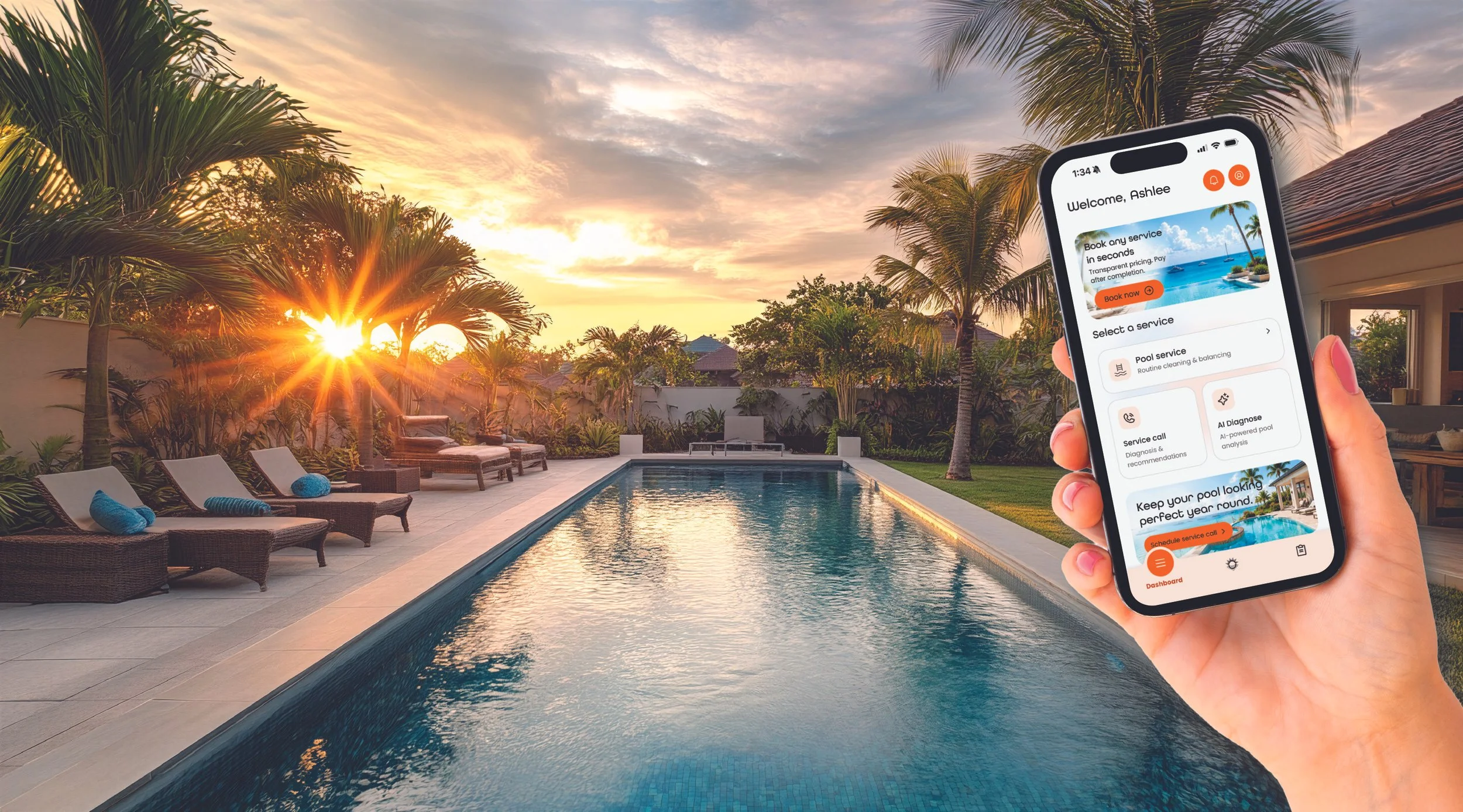 The image shows a backyard with a swimming pool, lounge chairs with towels, and palm trees at sunset. A person's hand is holding a smartphone displaying a home management app.