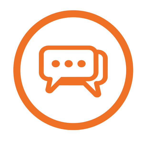 Orange speech bubble icon inside a white circle with an orange border.