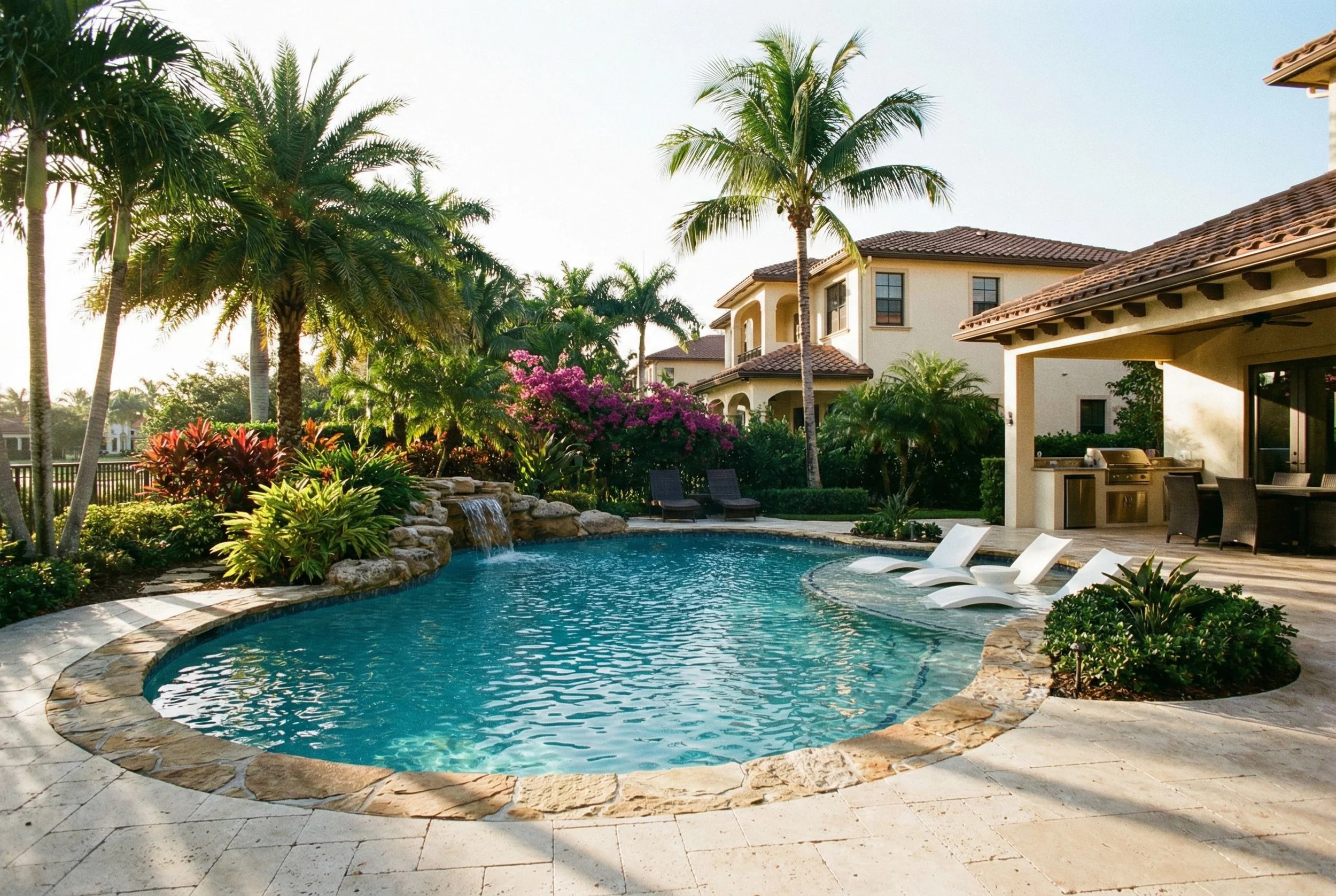 Backyard with a swimming pool surrounded by lush tropical plants and palm trees, with two lounge chairs and a covered patio area with a built-in barbecue.