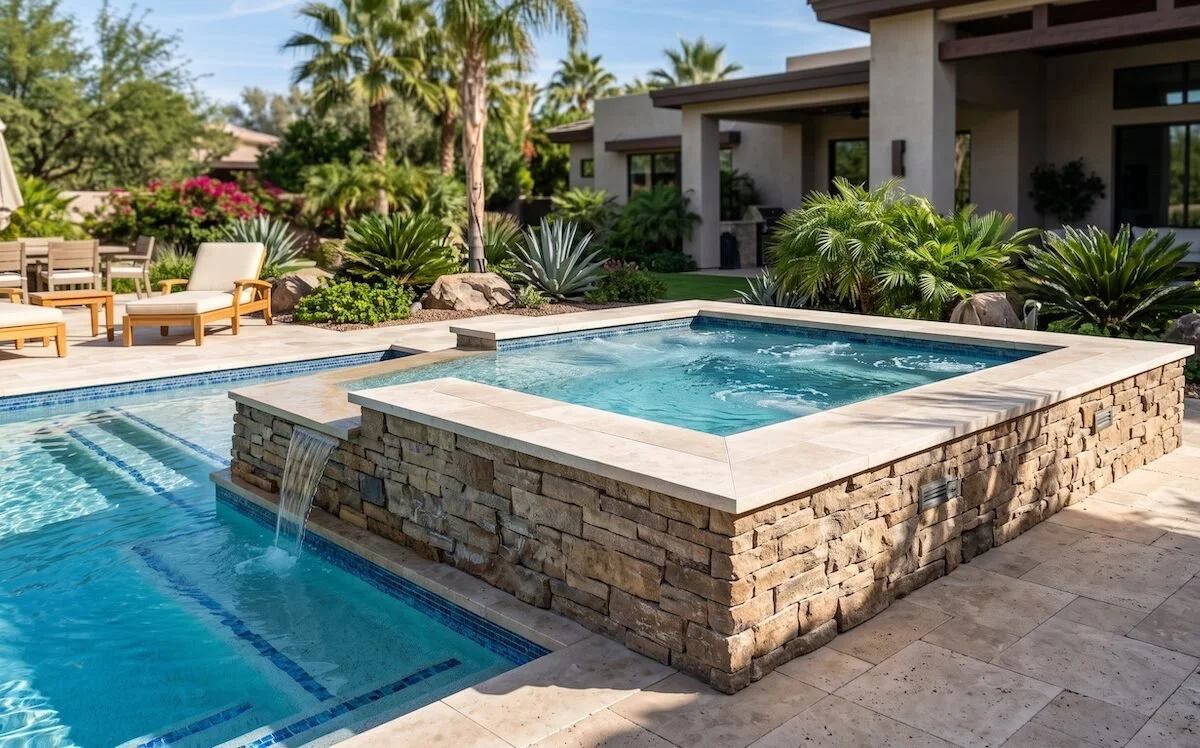 Luxury backyard with a hot tub and a swimming pool surrounded by tropical plants and outdoor furniture.