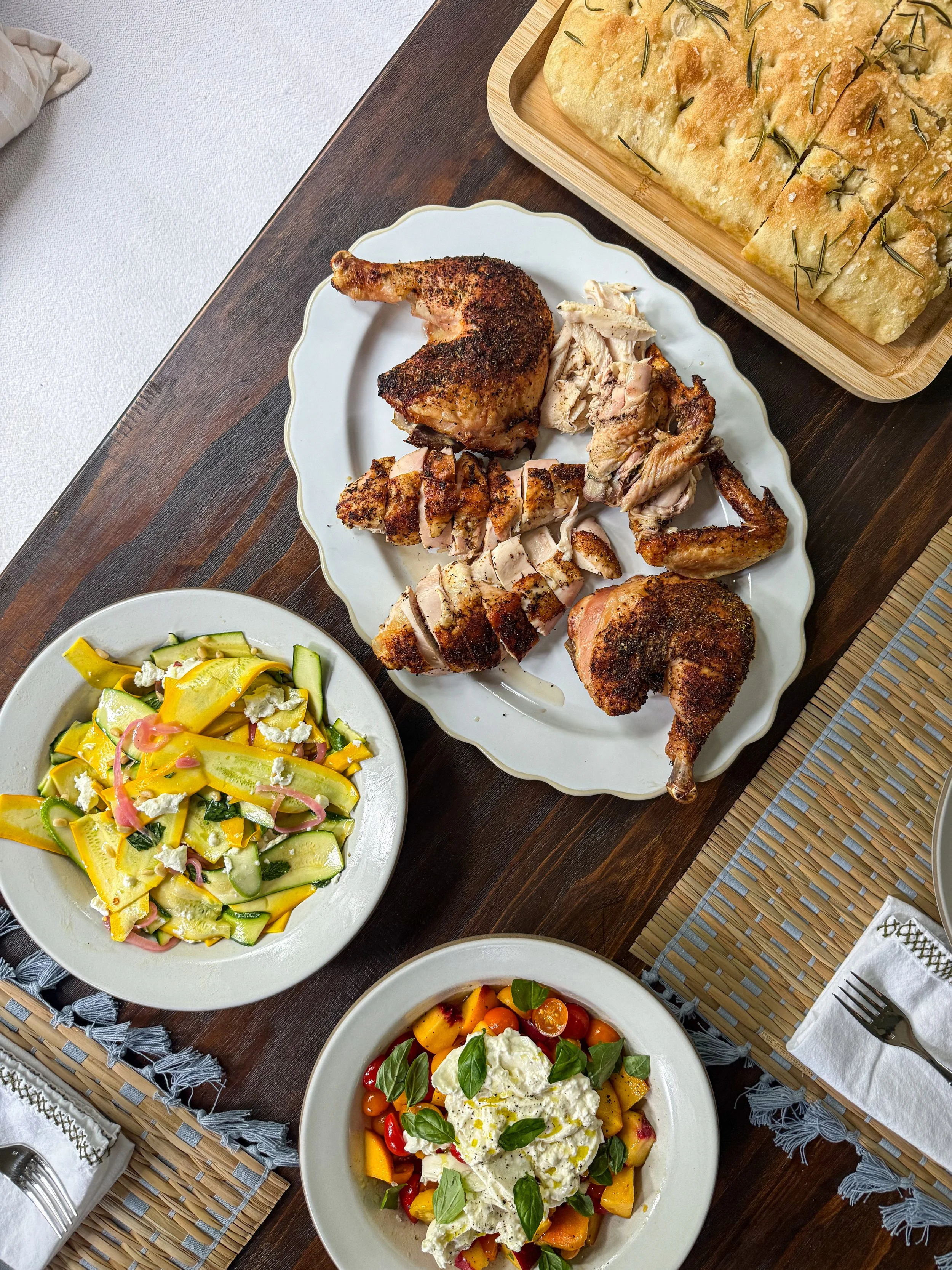 Spatchcock Chicken, Burrata with Peaches and Cherry Tomatoes, and a Squash Salad Worth Stealing