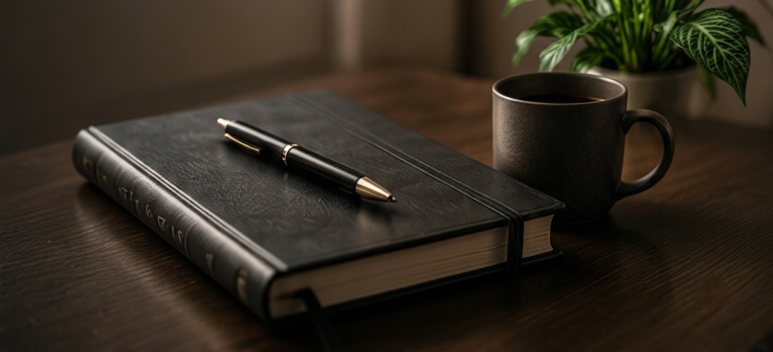 A black leather-bound journal with gold-embossed lettering on the spine, a black and gold pen resting on top, a black coffee mug filled with coffee, and a green potted plant in the background on a wooden desk.