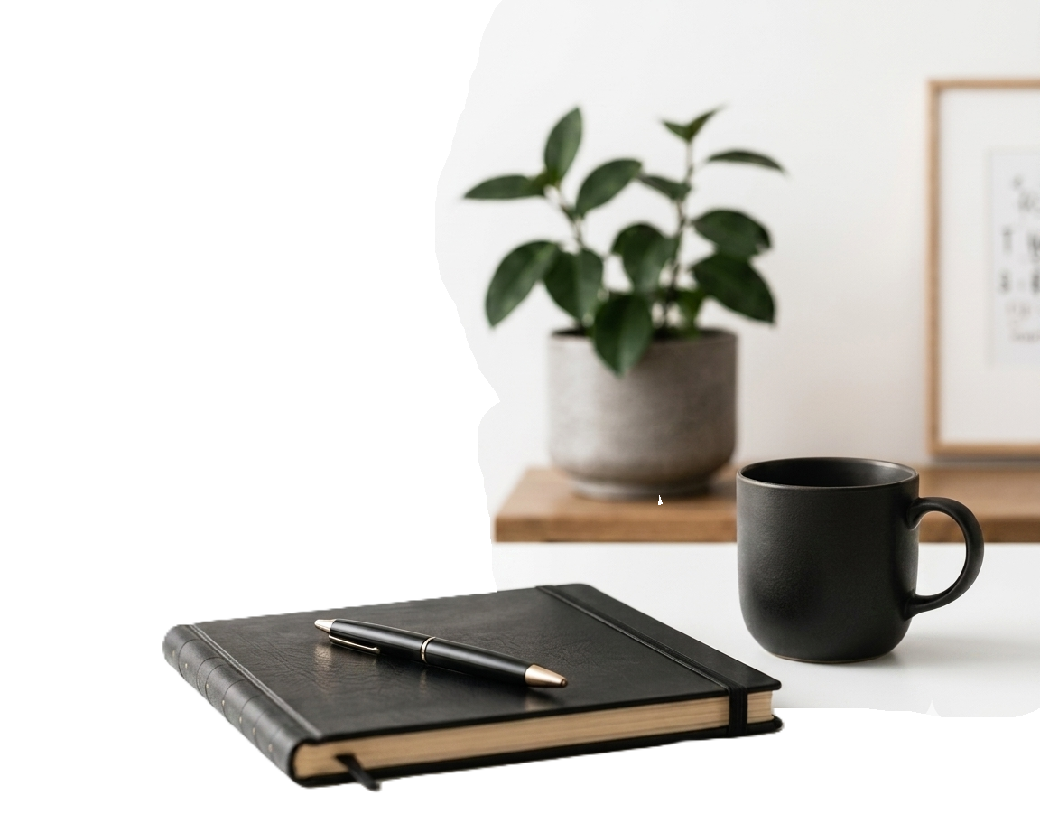 A black coffee mug, a closed black notebook with a black pen on top, a potted plant with green leaves, and a framed picture in the background on a white surface.