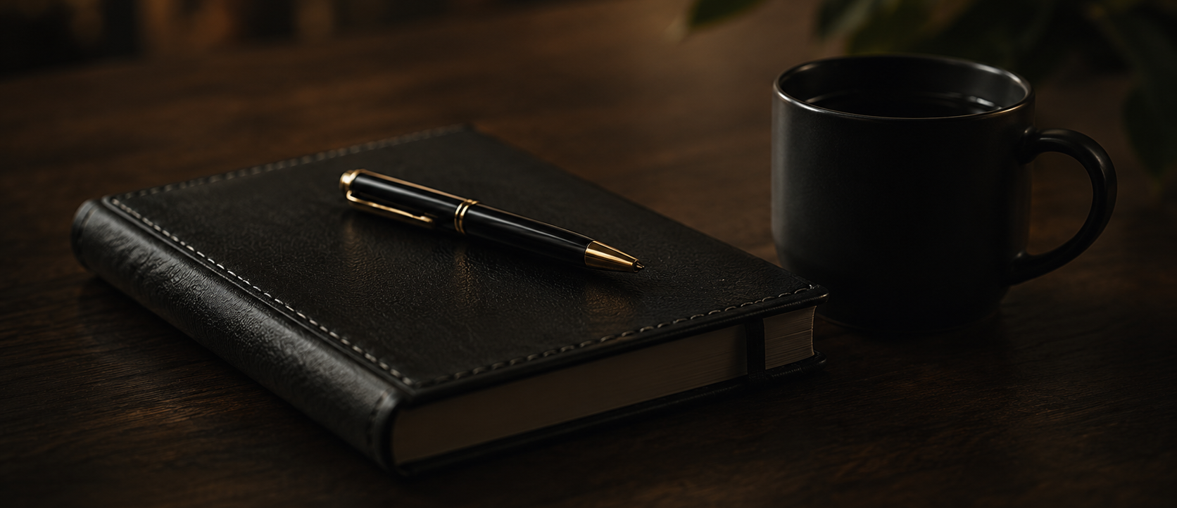A closed black leather-bound notebook with white stitching, a black and gold pen resting on top, and a black coffee mug on a dark wooden surface.
