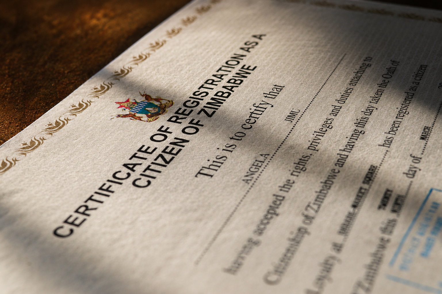 "My Zimbabwe citizenship certificate was issued in 2007 after renouncing my 'Malawian citizenship.' © Angela Jimu