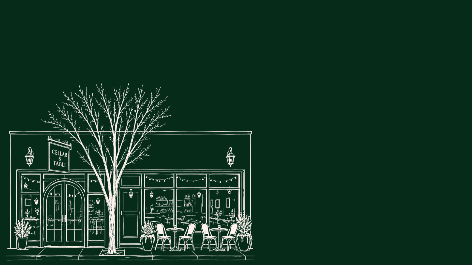 Outline illustration of a cozy café or wine cellar with outdoor seating, potted plants, and string lights, featuring a large leafless tree in front and a sign that reads "Cellar & Table."