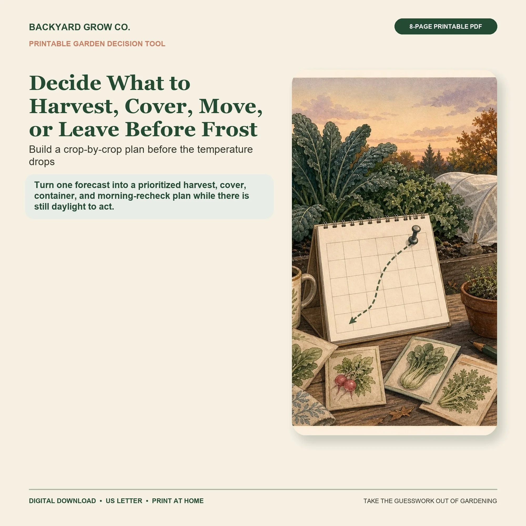 Decide What to Harvest, Cover, Move, or Leave Before Frost printable Quick Tool cover with garden-themed artwork and Backyard Grow Co. branding.
