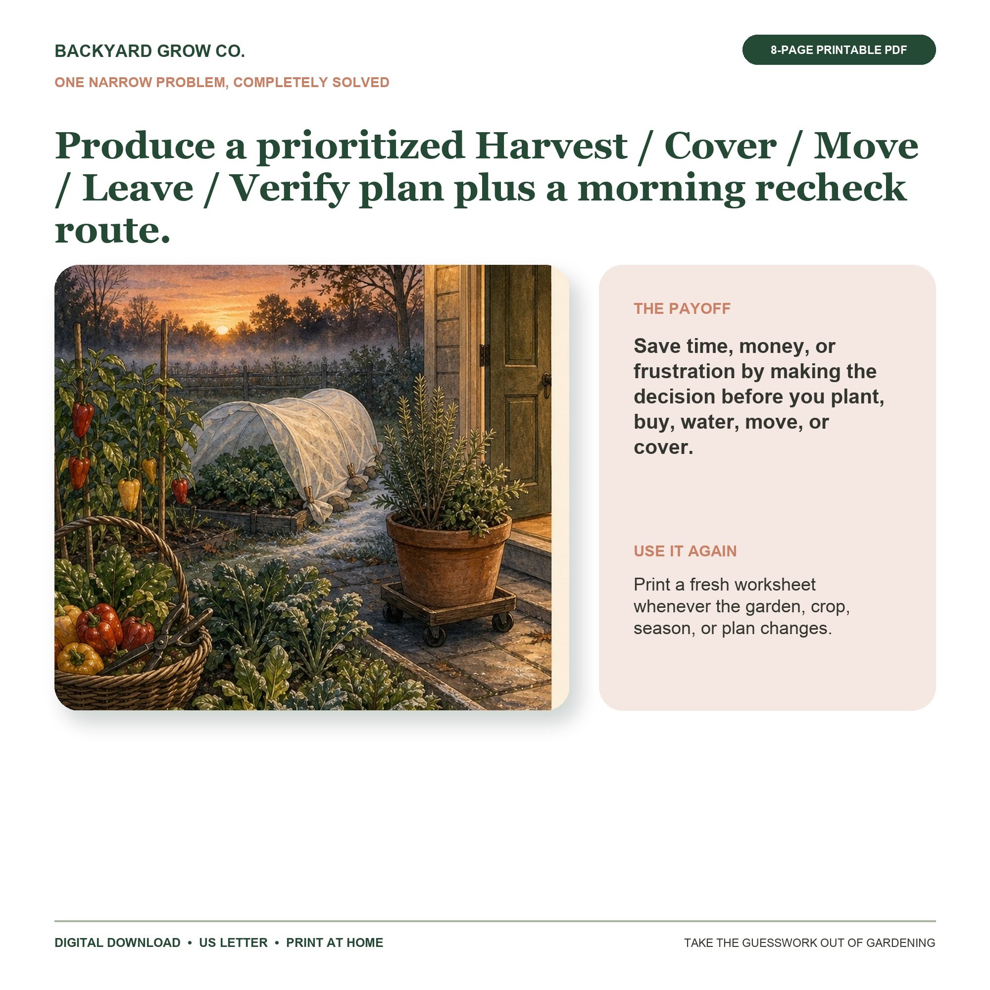 Decide What to Harvest, Cover, Move, or Leave Before Frost preview showing the main garden decision and the completed result.