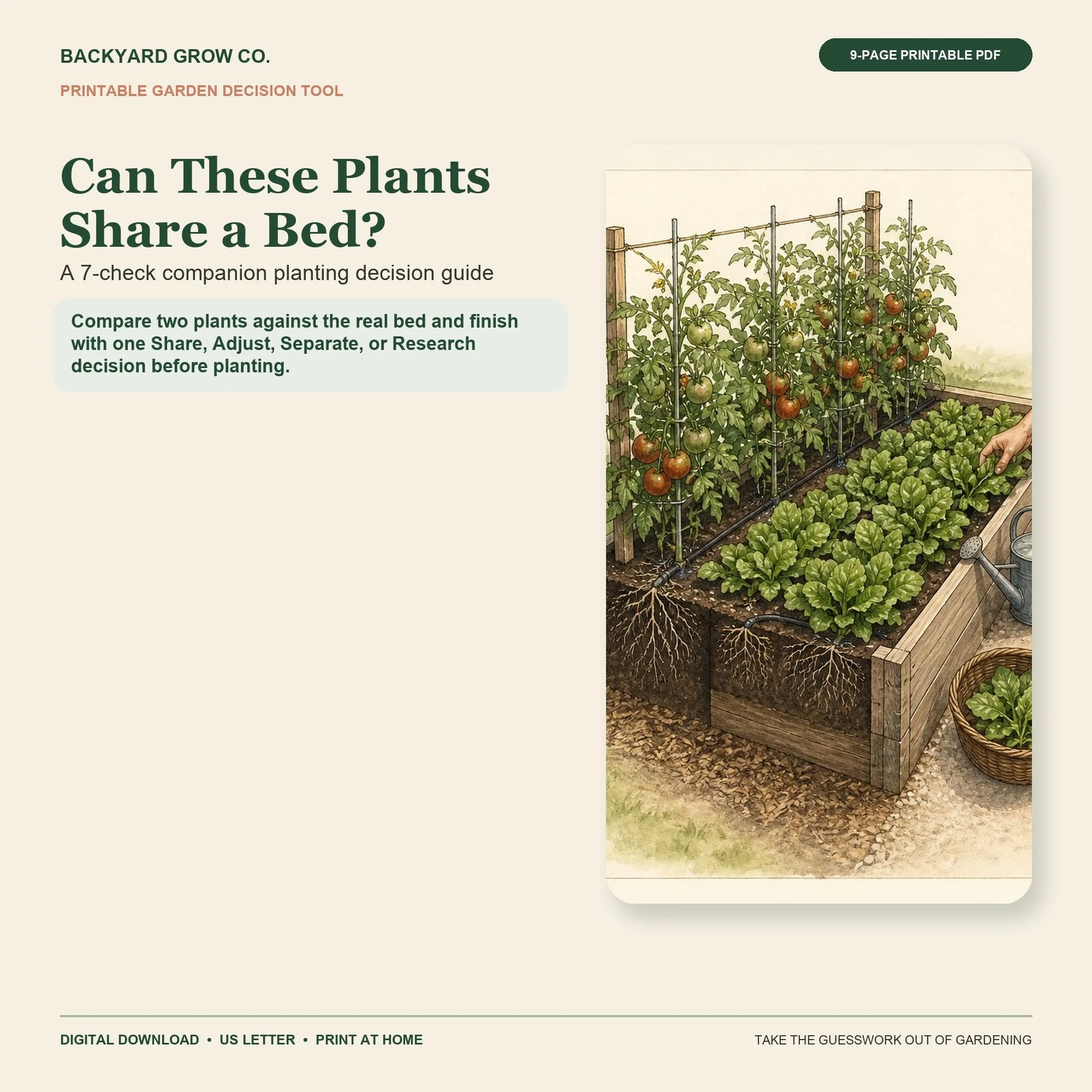 Can These Plants Share a Bed? printable Quick Tool cover with garden-themed artwork and Backyard Grow Co. branding.
