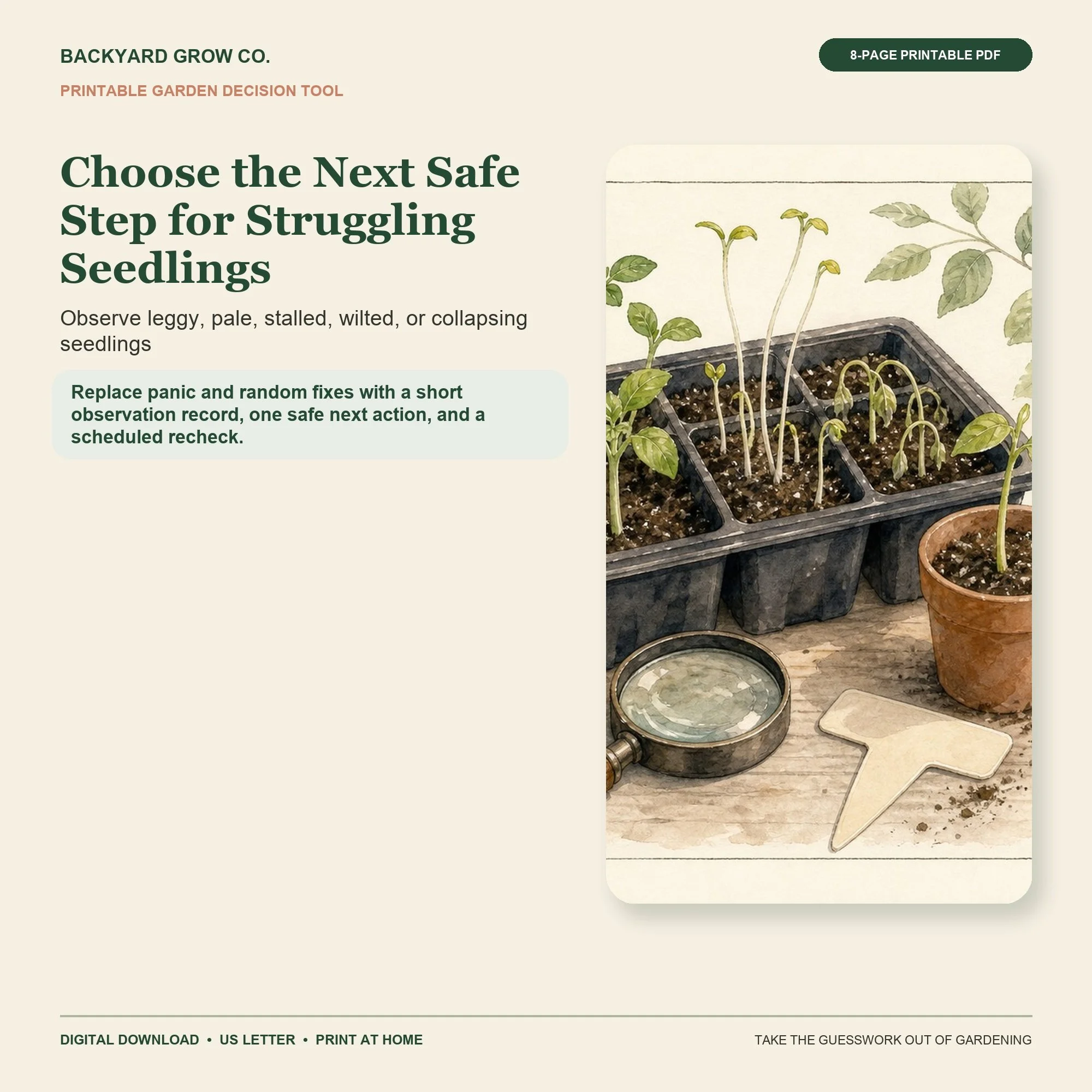 Choose the Next Safe Step for Struggling Seedlings printable Quick Tool cover with garden-themed artwork and Backyard Grow Co. branding.