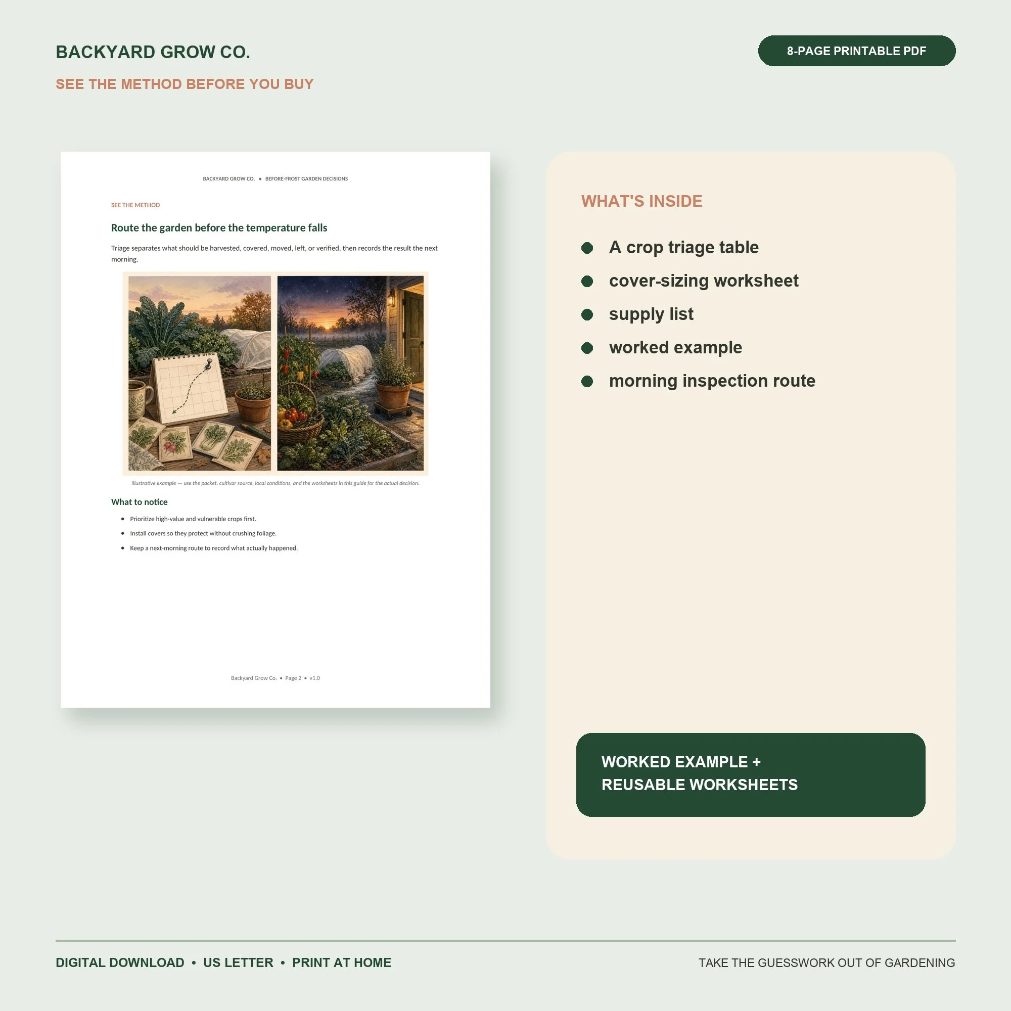 Decide What to Harvest, Cover, Move, or Leave Before Frost interior preview with the method, worked example, and printable worksheet.