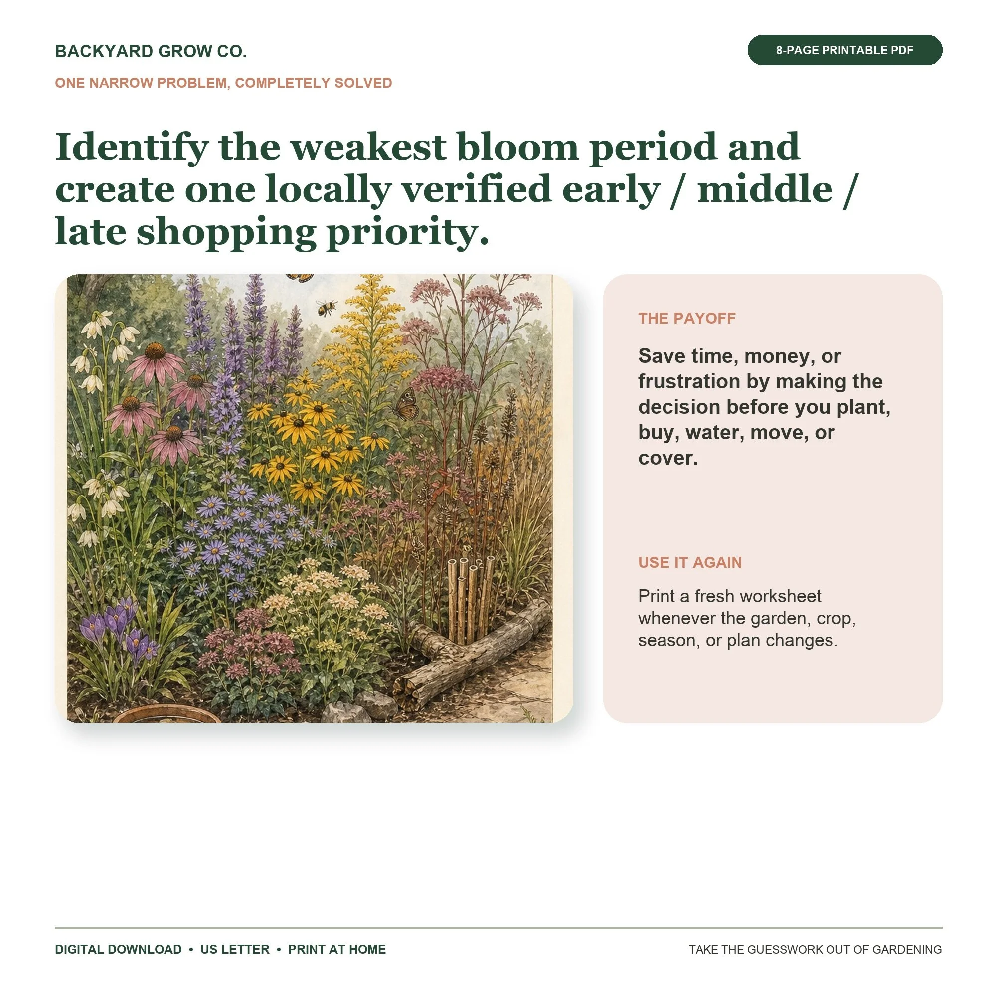 Build a Pollinator Bloom Relay preview showing the main garden decision and the completed result.