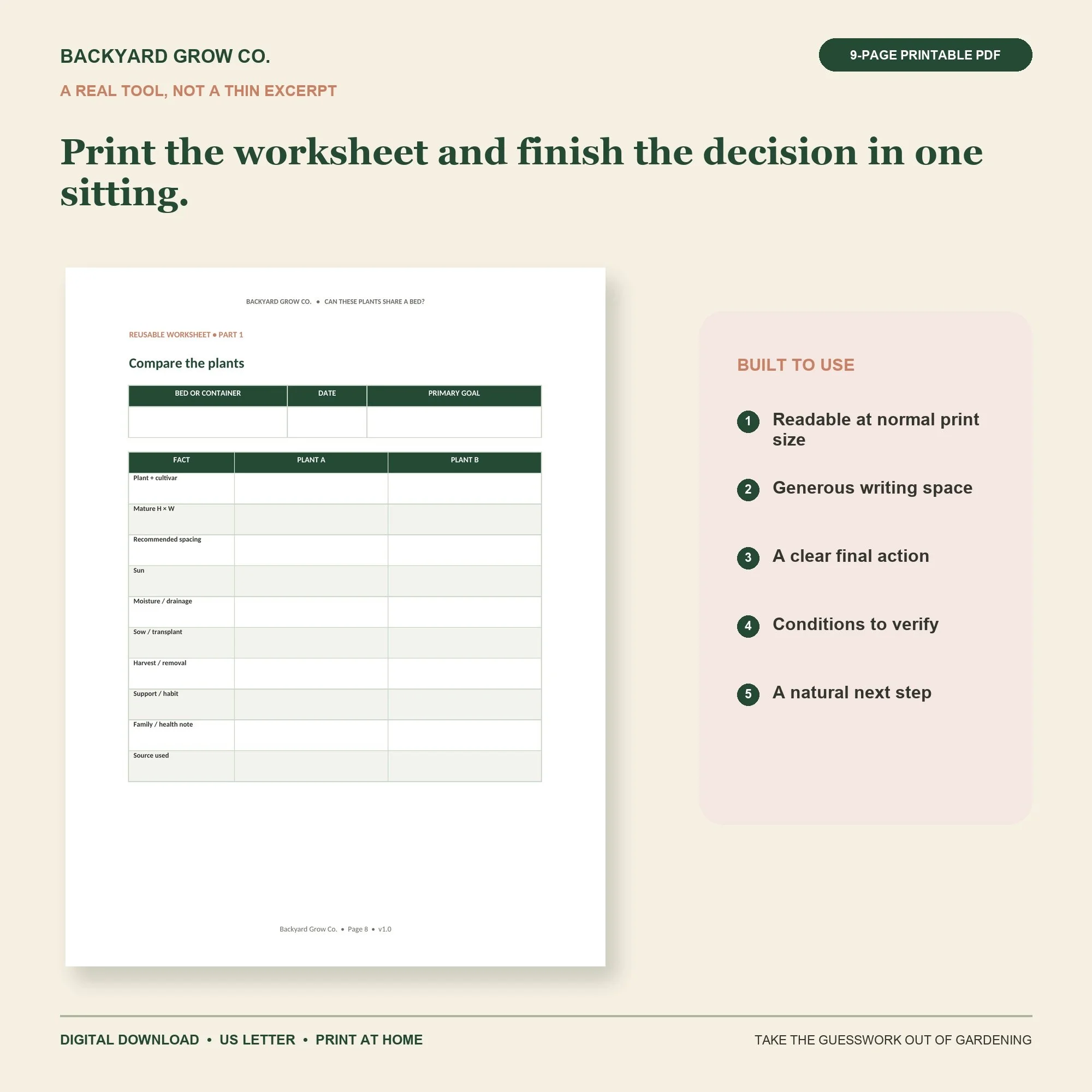 Can These Plants Share a Bed? close-up of the reusable printable worksheet for recording the garden decision.