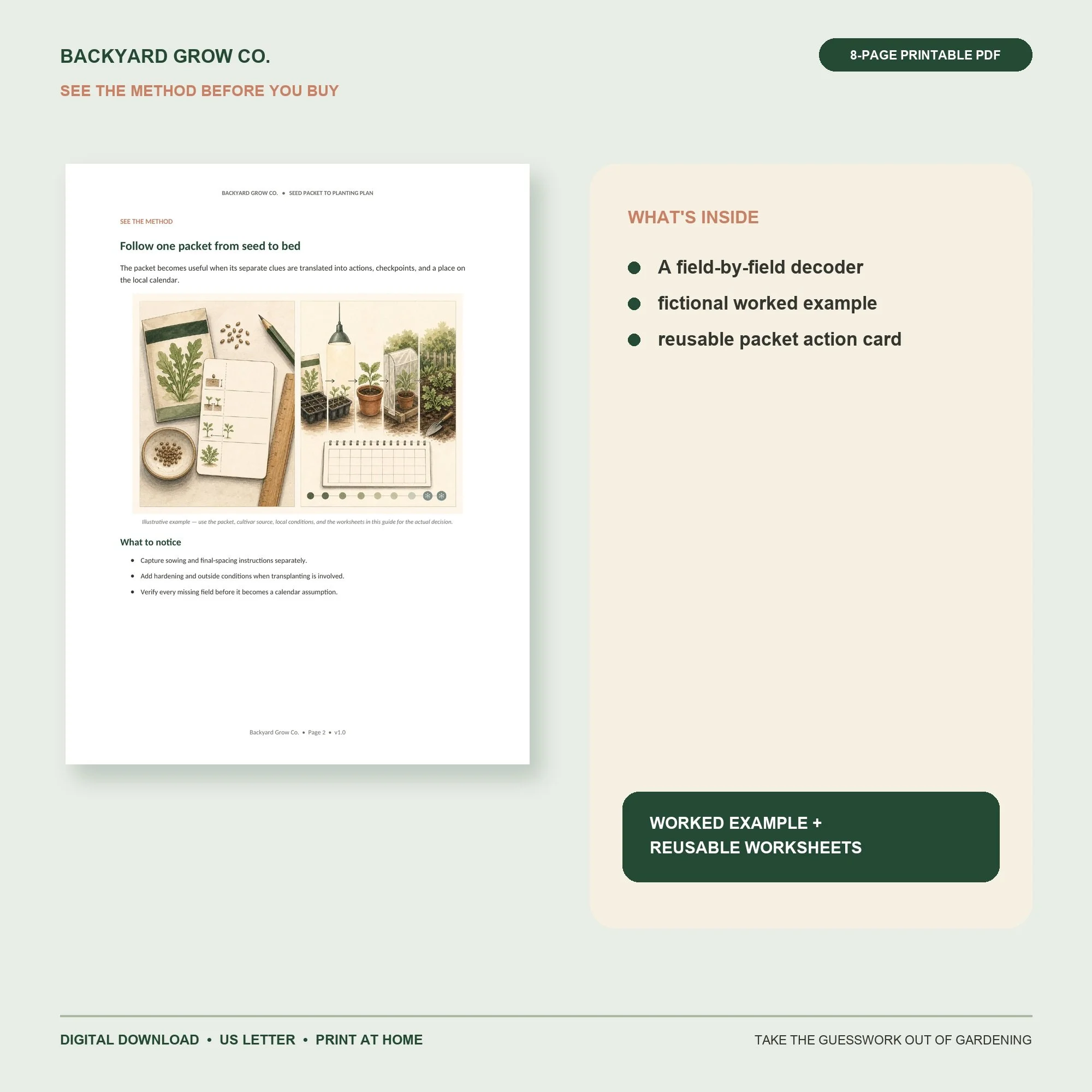 Turn Any Seed Packet Into a Planting Plan interior preview with the method, worked example, and printable worksheet.
