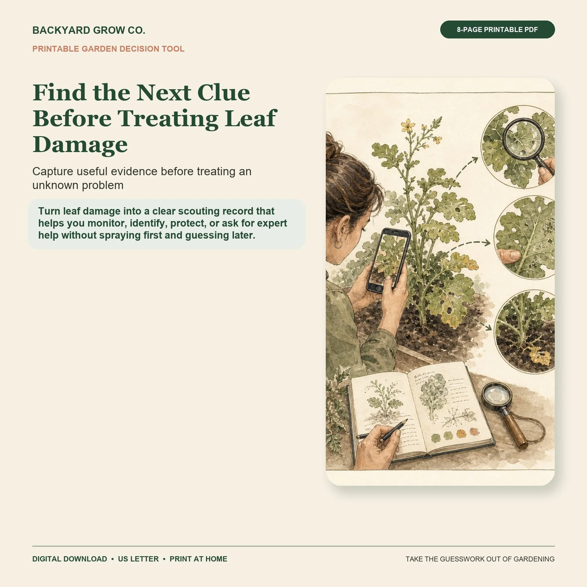 Find the Next Clue Before Treating Leaf Damage printable Quick Tool cover with garden-themed artwork and Backyard Grow Co. branding.