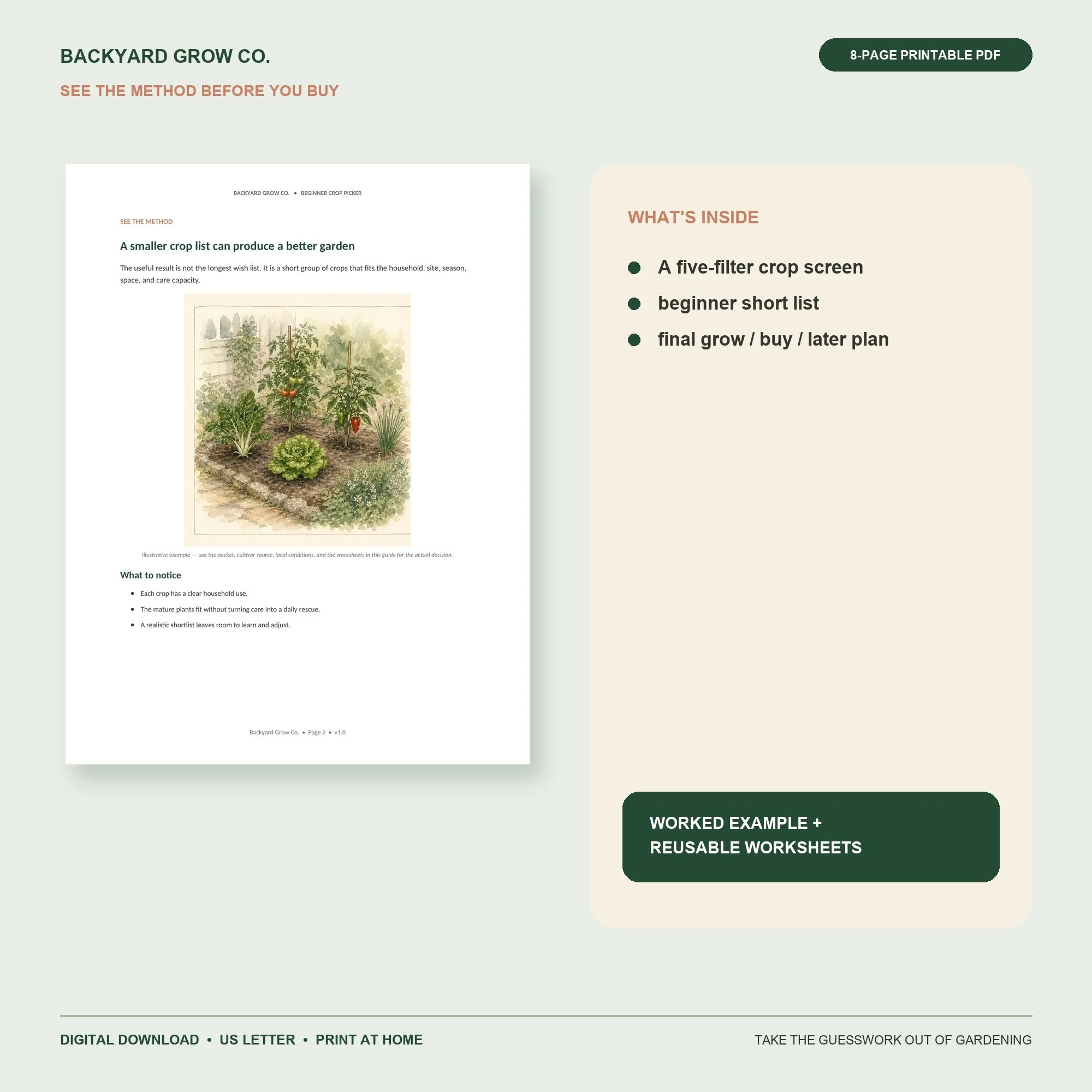 What Should I Grow? interior preview with the method, worked example, and printable worksheet.