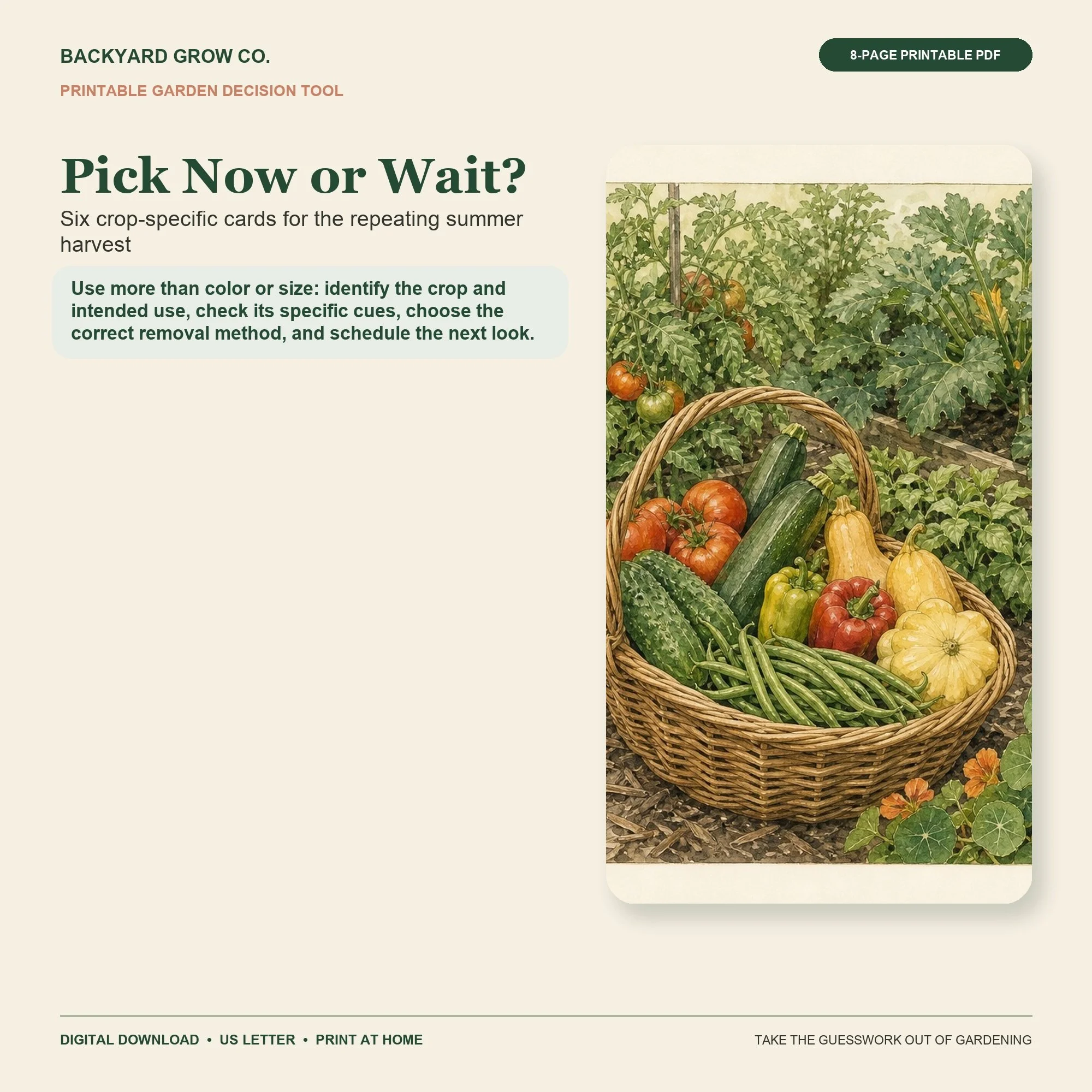 Pick Now or Wait? printable Quick Tool cover with garden-themed artwork and Backyard Grow Co. branding.