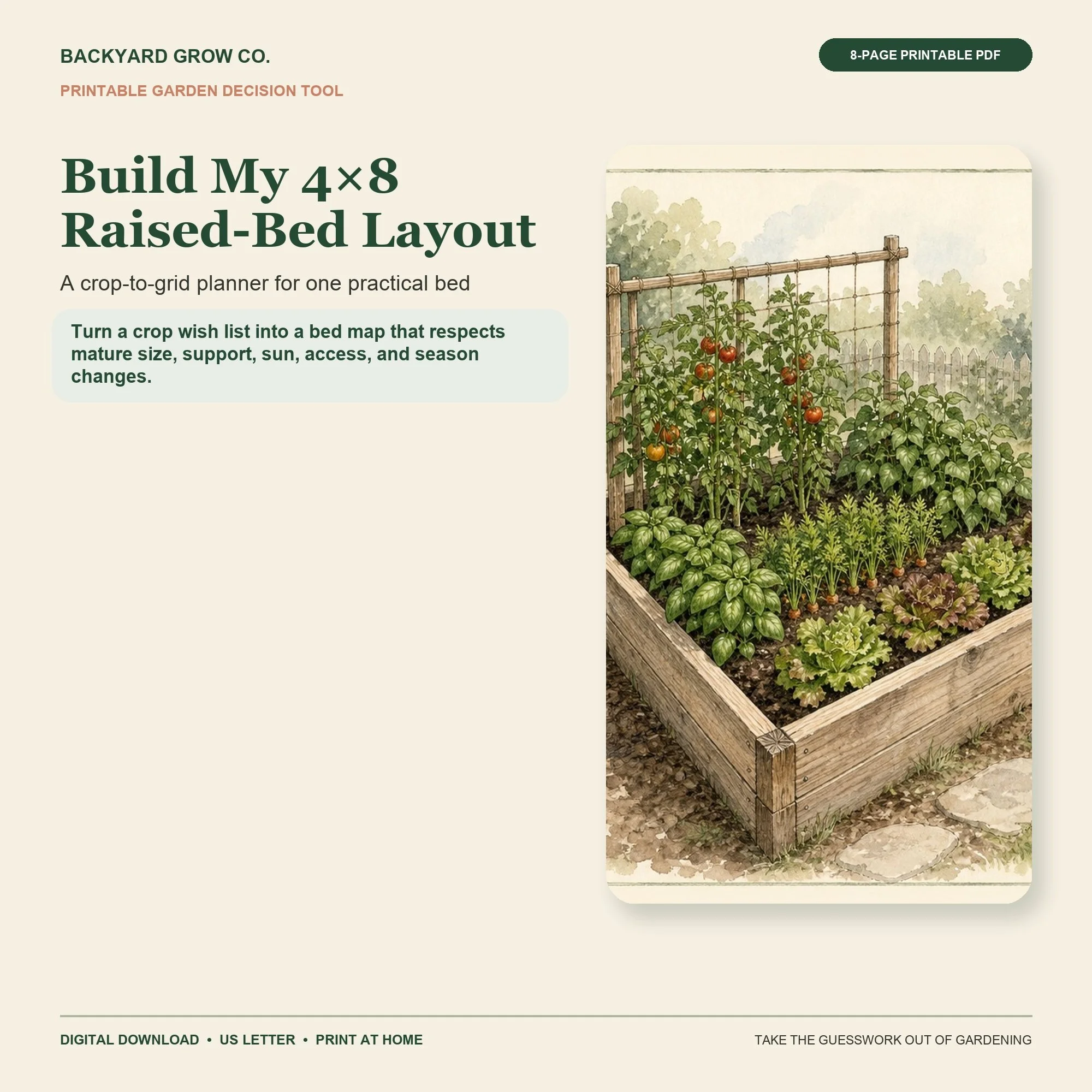 Build My 4×8 Raised-Bed Layout printable cover with a raised-bed garden photo and planning-grid motif.