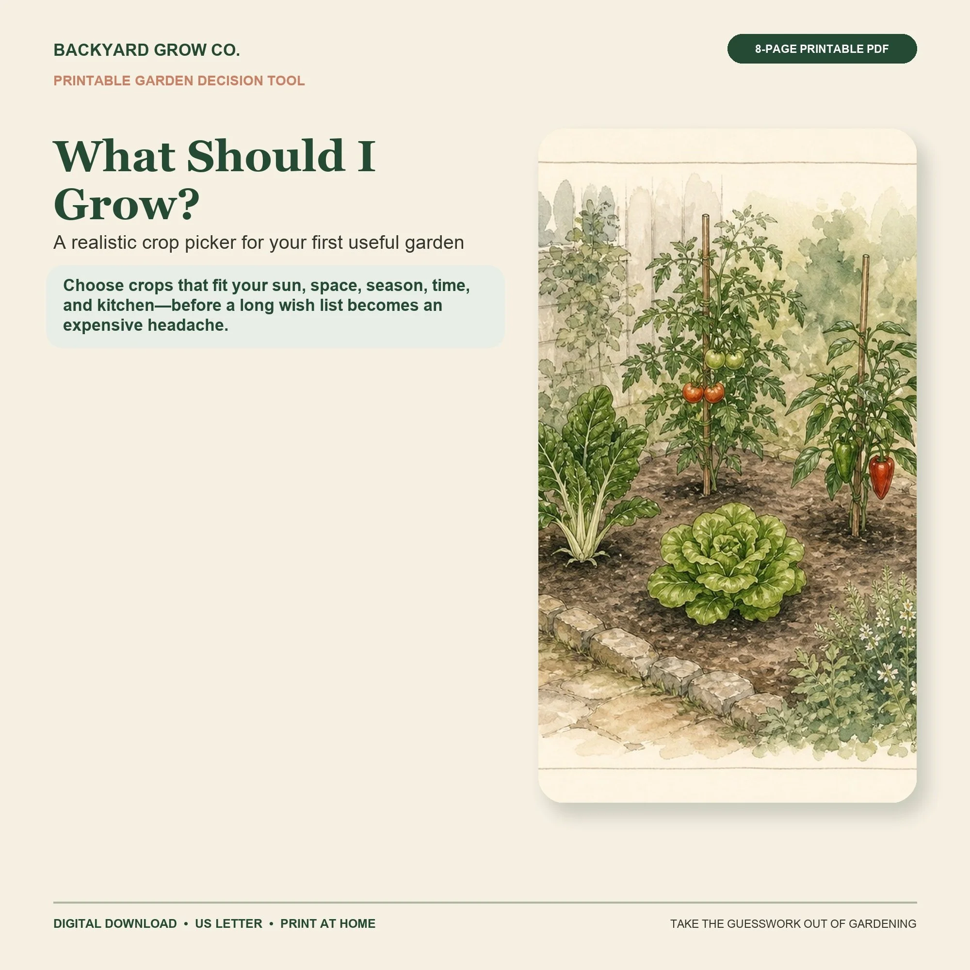 What Should I Grow? printable Quick Tool cover with garden-themed artwork and Backyard Grow Co. branding.