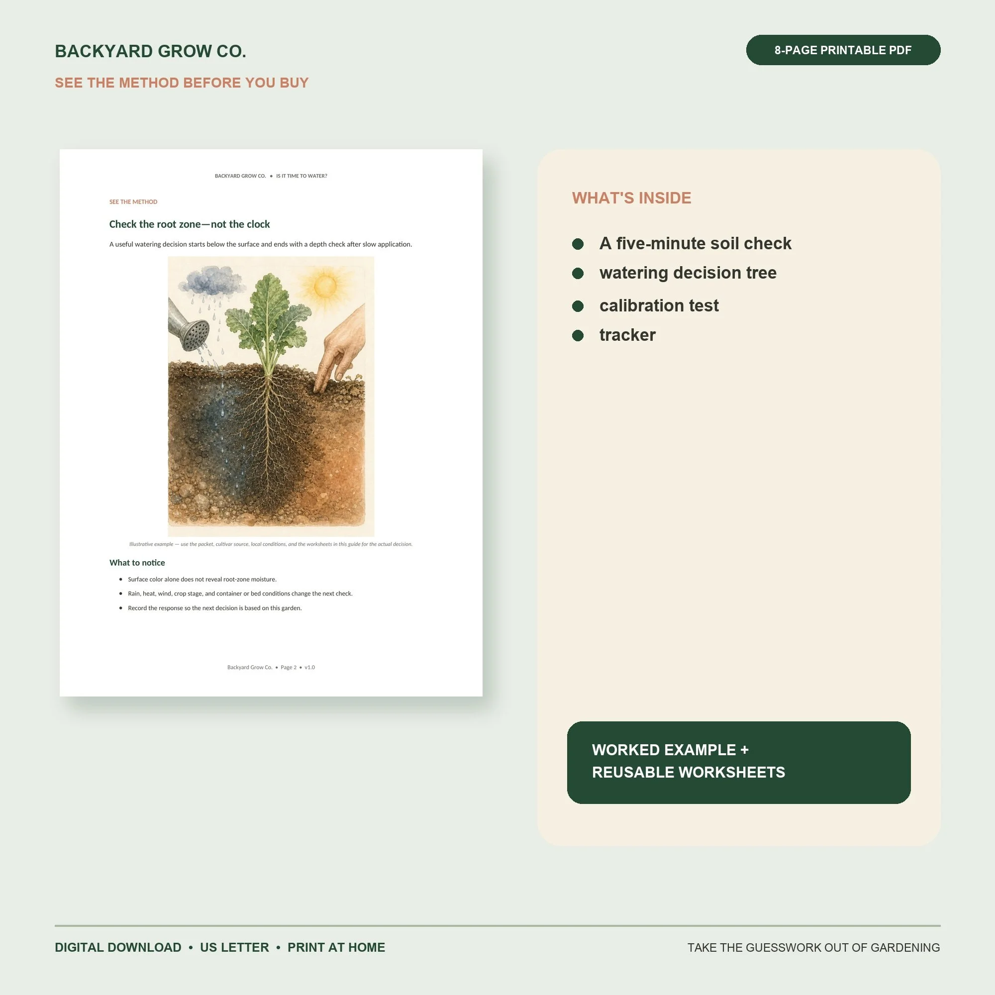 Is It Time to Water? interior preview with the method, worked example, and printable worksheet.