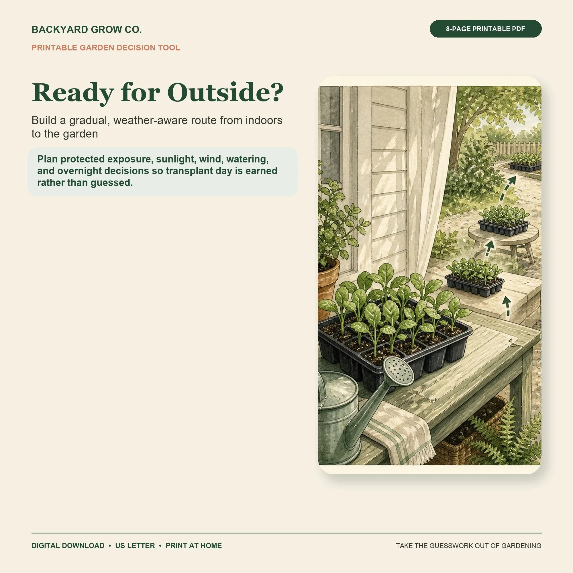 Ready for Outside? printable Quick Tool cover with garden-themed artwork and Backyard Grow Co. branding.